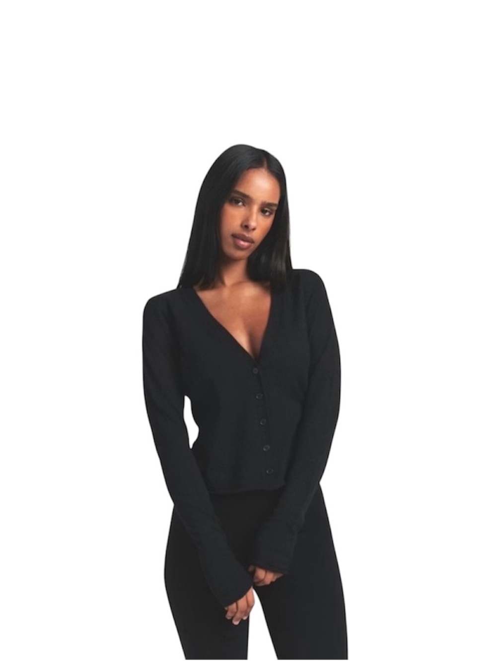NWT SKIMS Featherweight Cashmere Cardigan Onyx Black XS 100% Sheer VNeck Sweater - Picture 2 of 9